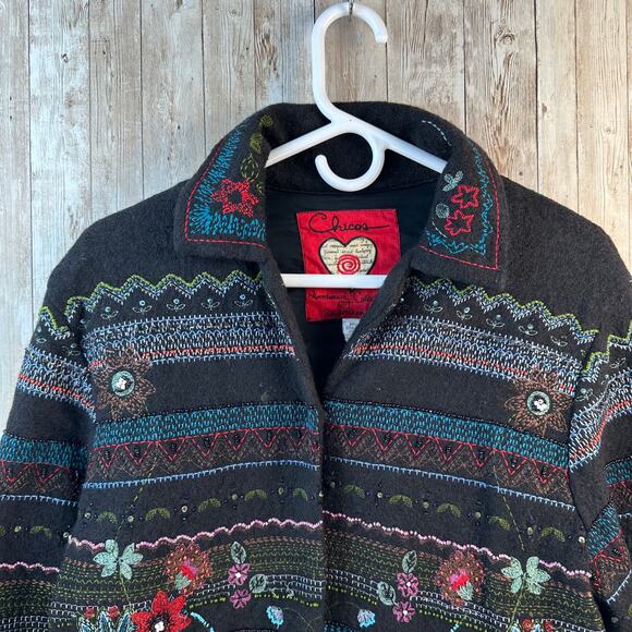 Chico's‎ Anniversary Collection Floral Jacket Womens Sz 1 Black Wool Beaded - Picture 3 of 8